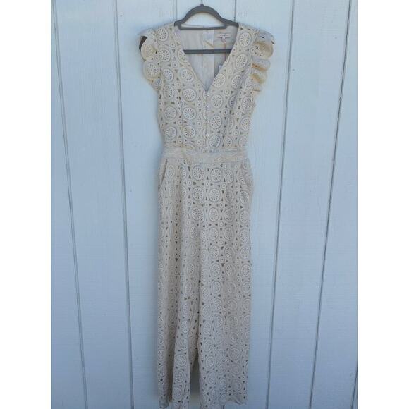 NWT Skies Are Blue Crochet Jumpsuit, Ruffle Sleeve, Ivory, Open Back, Size S - Picture 2 of 8